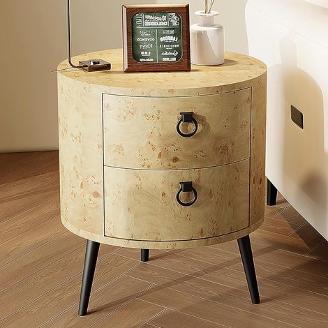 Table de chevet ronde rustique avec 2 tiroirs – Table d'appoint en bois massif avec étagère et pieds métalliques – Capacité 136 kg – Idéale pour chambre et salon (1/5)