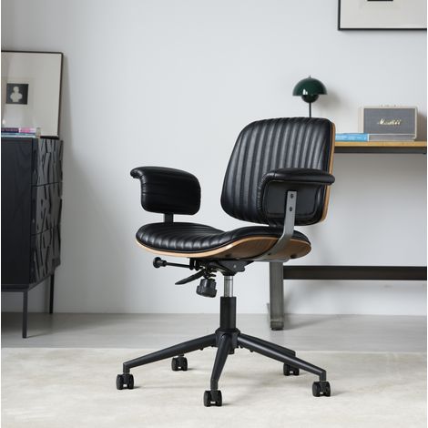 Sedia da ufficio in pelle nera, altezza regolabile, girevole, con ruote OKMYHOME (1/5)