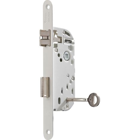 Serrure à encastrer à clé, axe 40 mm, coffre 135 mm, D25 Réversible sans démontage, Têtière bouts ronds - Porte intérieure chambre, bureau - Blanc, Gâche, 1 Clé inclus (1/5)
