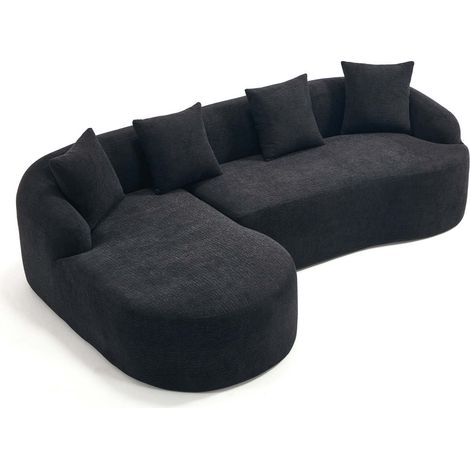 Canapé modulable en chenille noire avec chaiselongue gauche et 2 places, design courbé sans montage (1/5)
