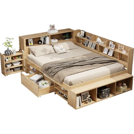 Lit enfant avec rangement 140x200 cm, lit simple multifonction avec tiroirs, étagères et chargeur sans fil, sommier inclus, bois naturel (1/5)