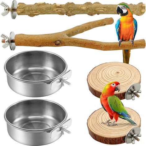 Wooden Parrot Perch for Birds, 4 Pcs Natural Wooden Perchas with 2 Feeders for Parrots, Cockatiels, Canaries (1/5)