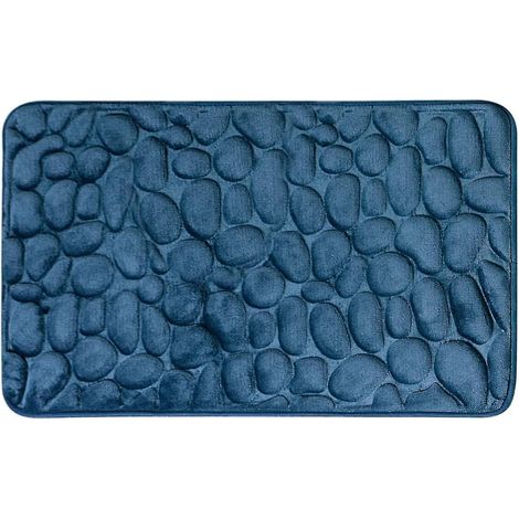 Tapis de bain imitation pavés en relief, antidérapant, mousse à mémoire de forme, bleu foncé
