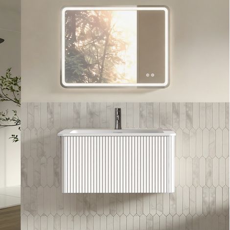 Muebles de baño blancos con lavabo integrado de 80 cm, espejo LED 60 × 80 cm antivaho regulable y mueble suspendido ranurado – CHICFURN para baños pequeños (1/5)