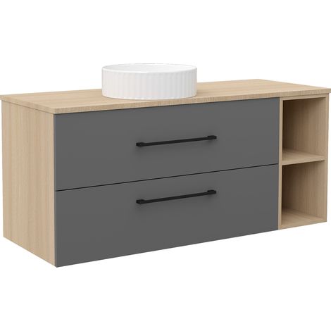 Acezanble 1210mm Vanity Unit with Ceramic Sink Wall Hung Bathroom Cabinet Two Drawers Shelf Grey and Oak