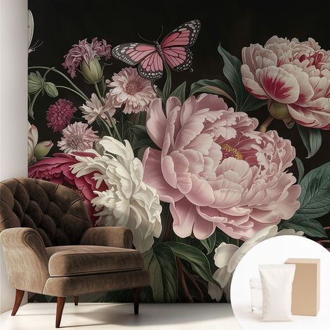 Papier peint intissé pour salon chambre à coucher peint imprimé pour mur - Colle incluse gratuite Pivoines et papillons 250x250 cm (1/5)