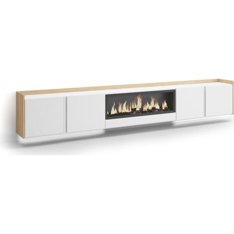 Skraut Home - Mueble TV, Televisión, Muebles de salón, almacenaje, 315x35x50cm, Para TV hasta 80", Chimenea eléctrica XXL, Colgado, Suspendido, LED, Estilo Moderno, Blanco y roble soft (1/5)