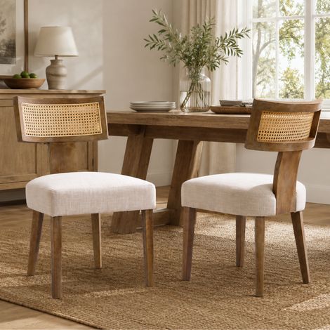 Wahson Lot de 2 chaises de salle à manger en bois massif et lin – Dossier en rotin – Hauteur d'assise 50cm – Pour restaurants et cafés, Beige (1/5)