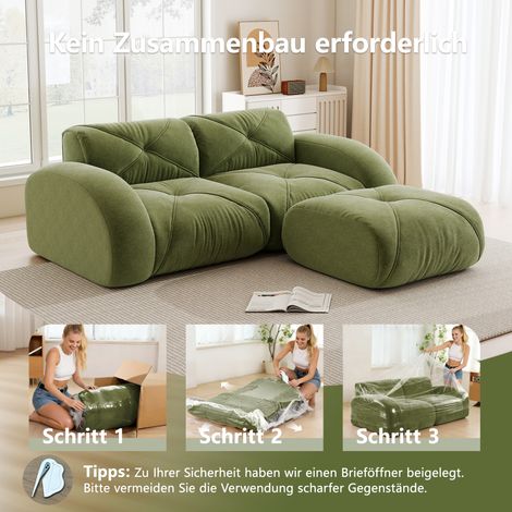 Canapé modulaire 2 places avec pouf, mousse haute densité 32D, tissu chenille anti-griffures, design antidérapant, doux et confortable, pour salon, vert (1/5)