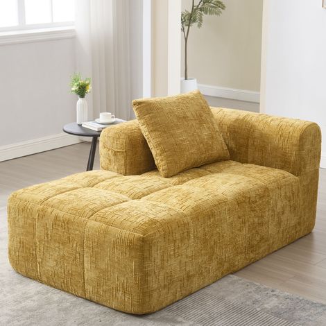Chaise-longue confortable 158x90x60 cm en chenille - Sans montage avec poches lat茅rales - Jaune (1/5)