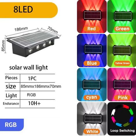 (1 lampe solaire murale extérieure à 8 LED RGB, lumière chaude, étanche, éclairage vers le haut et vers le bas, pour balcon, cour, jardin, décoration murale extérieure) (1/5)