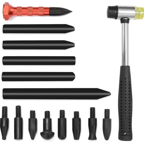 Kit de débosselage de carrosserie sans peinture de15 articles. Marteau en caoutchouc, pointeaux. Pour débosselage de voiture, de porte de réfrigérateur (1/5)