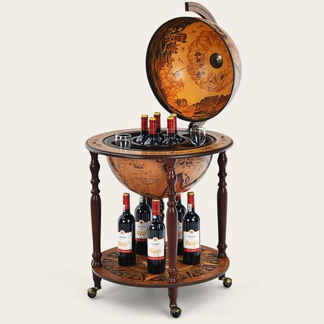 Goplus – Bar globe terrestre en bois marron – Cabinet italien 16e siècle avec 4 pieds et roulettes – Rangement bouteilles vin 40x40x90cm (1/5)
