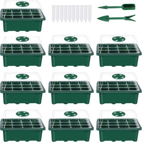 Lot de 10 plateaux de semis (12 unités par plateau) avec couvercle et base en dôme réglable et kit d'outils manuels pour l'étiquetage des plantes, modèle : vert (1/5)