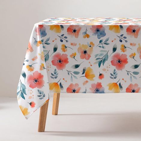 Mantel rectangular de algodón con estampado floral, resistente a las manchas y con tacto similar a la tela, 160 x 100 cm, color beige. (1/5)