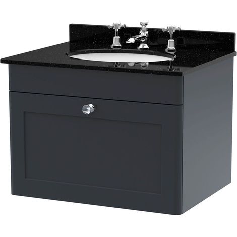 Swynnerton Traditional 1 Drawer Wall Hung Vanity Unit with Marble Basin, Dark Grey, 600mm