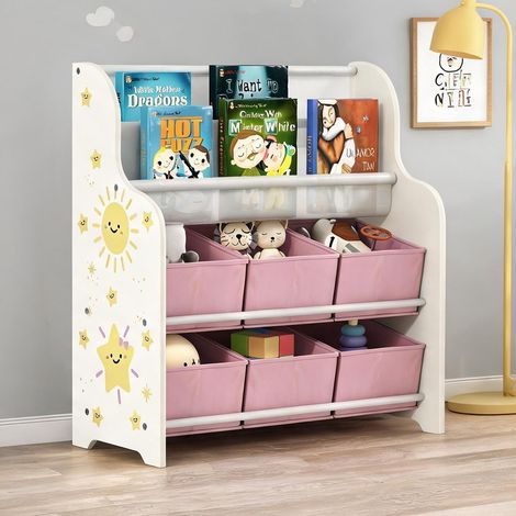 Meuble de rangement enfant 6 tiroirs tissu et 2 niveaux rose (1/5)