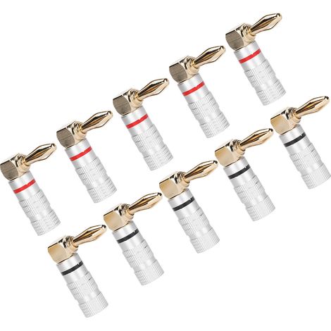 Lot de 10 fiches bananes coudées à angle droit, plaquées or 24 carats, en cuivre et aluminium, pour câble d'enceinte de 4 mm. (1/5)