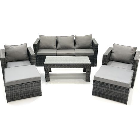 Fimous 7 places Salon de jardin Ensemble de canapés en rotin avec Table basse 2 Fauteuil 2 Grand tabourets Gris foncé mixte (1/5)