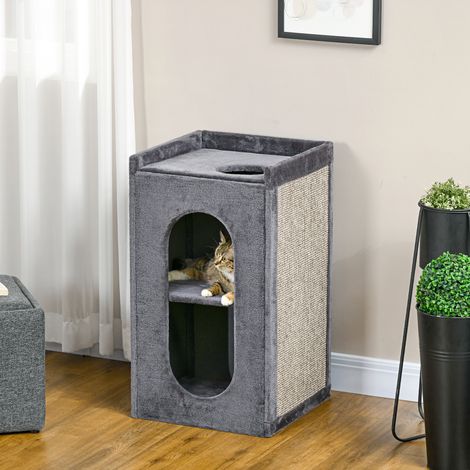 Tiragraffi a cilindro con 2 cucce per gatti, 1 zona relax, tappetino tiragraffi in sisal, morbido, grigio + naturale