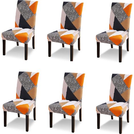 Housse de Chaise Extensible Lot de 6 Housse de Chaise Salle à Manger Universel Lavable Moderne Couvre Couverture de Chaise pour Décor Salle à Manger Restaurant Hôtel Bouquet,Géométrie Orange (1/5)
