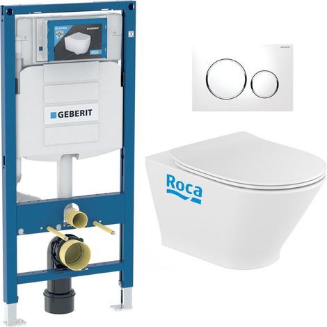 Pack WC Bati-support Geberit avec Cuvette Roca The Gap fixations invisibles + Abattant + Plaque blanc chrome (GebGapRimless-C)
