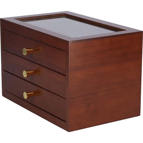 3-Tier Wooden Jewelry Box with Glass Lid and 3 Drawers, Large Capacity, for Earrings, Bracelets, Necklaces, Home Decor for Women (BROWN) (1/5)