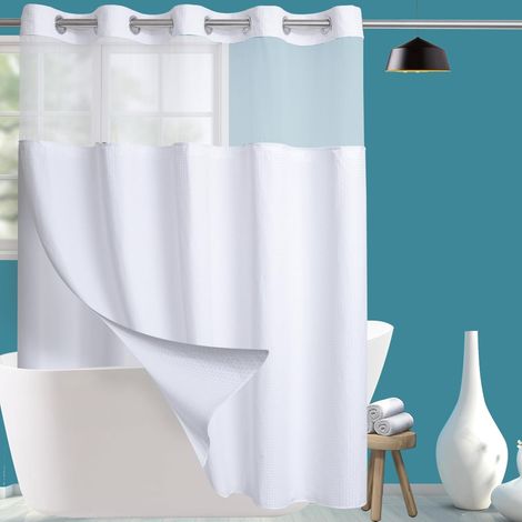 Rideau De Douche - Tissu Tissé À Waffle - Doublure Amovible Avec Attaches Pression - Blanc - 180 X 188 Cm - 1 Pièce (1/5)