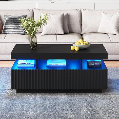 Table basse LED - 100x50x45cm - avec 2 tiroirs - à rayures verticales - thermoformée - noir (1/5)