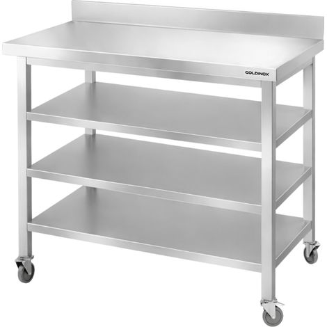 Table de travail en inox Bar 1000x700 mm avec 3 étagères inférieures et dosseret sur roulettes PREMIUM - GOLDINOX (1/4)