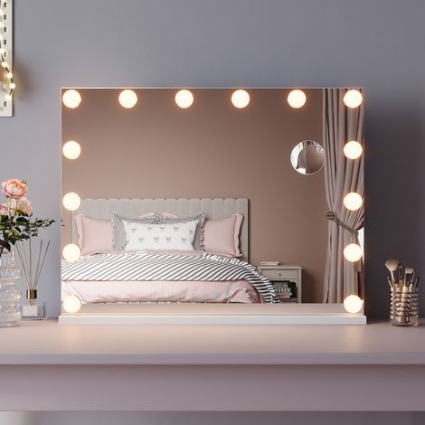 ELEGANT Makeup Mirror with Bluetooth Speakers 80x60cm USB Charging Port Vanity Mirror with 14 LED Bulbs and 10x Magnifying Glass Touchscreen 3 Color Modes