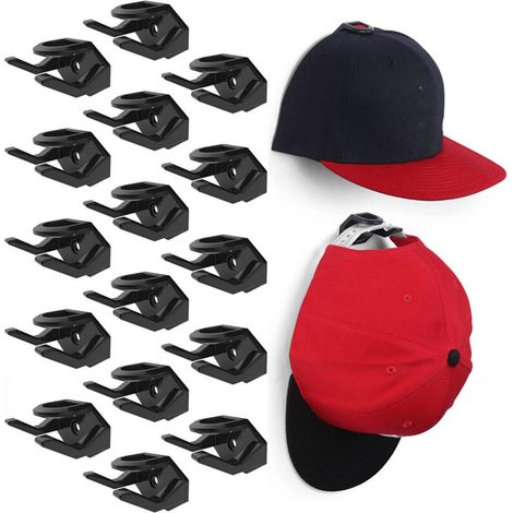 Wall Adhesive Hat Hooks (16-Pack) - Baseball Cap Hat Holder, Minimalist Hat Display, Strong Hold Cap Hooks, Black (1/5)