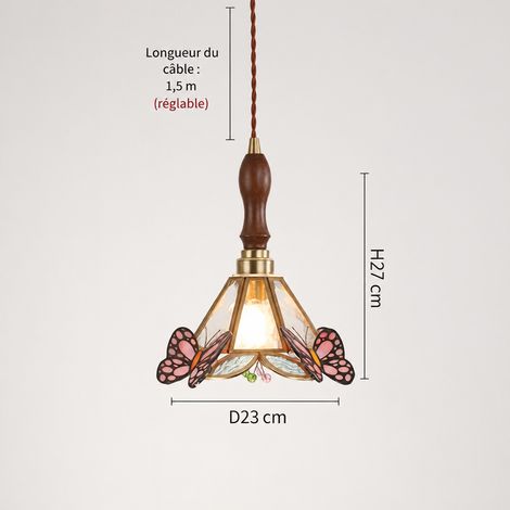 Suspension Papillon Rétro en Verre et Bois Modèle B Lampe Suspendue Vintage Lumière Chaude Câble Réglable 1.5m 33 × 33 × 37 cm 5 kg – Livraison gratuite