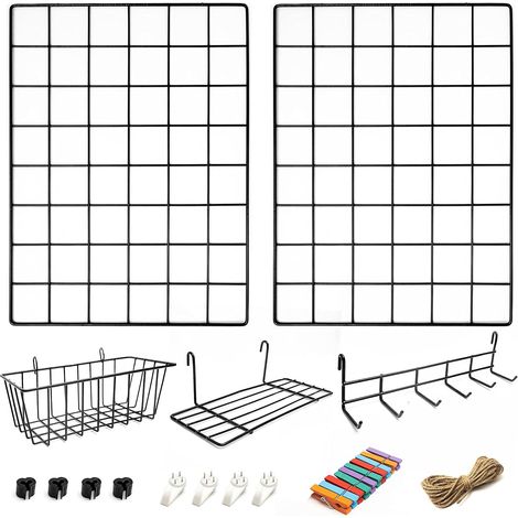 Pack 2 Grille Murale Et Accessoires Contient, Panier, Etagère, Crochets Grille Photo Mural Tableau Décoration Suspendue Pour Maison, Bureau, Cuisine Grille Murale Décorative (1/5)