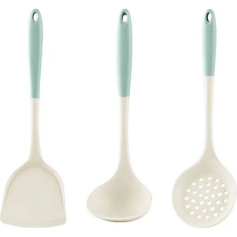 Set di 3 utensili da cucina, in silicone, antiaderenti, resistenti al calore, bianchi e verdi. (1/5)