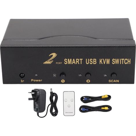 2-in-1 VGA-KVM-Switch mit 4 USB-Anschlüssen, Bildschirm-, Maus- und Tastaturfreigabe für mehrere Computer, 100–240-V-Netzteil, UK-Stecker