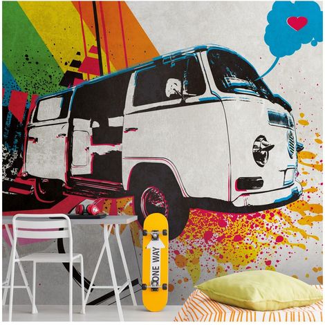 Sfondo fotografico Profhome 383021 Carta da parati TNT goffrata a caldo liscia graffiti opaca grigio beige azzurro rosso 3,71 m x 2,8 m (1/4)