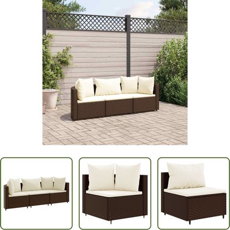 vidaXL Rattan - 3-tlg. Garten-Sofagarnitur mit Kissen Braun Poly Rattan (1/5)