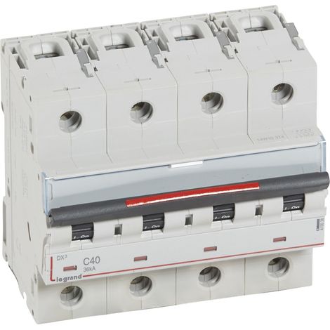 Disjoncteur DX³ 36kA arrivée haute et départ bas à vis 4 Pôles 400V 40A courbe C 6 modules LEGRAND 410038