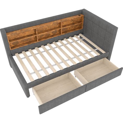 Cama banqueta 90 x 200 cm de lino gris con 2 cajones, USB y Type-C, somier de láminas (1/5)