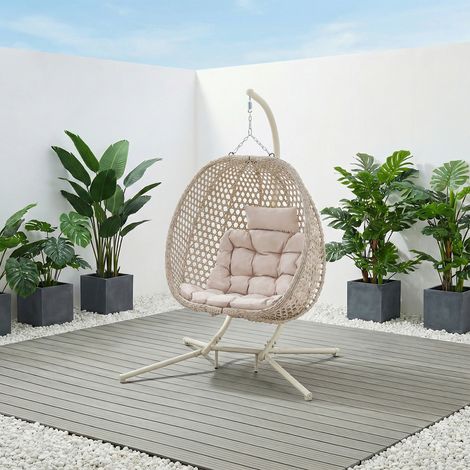 COMO GARDEN EGG CHAIR OUTDOOR INDOOR FOLDING RATTAN METAL HANGING SWINGING CHAIR (Beige) (1/5)