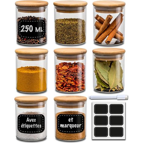 Pots À Épices En Verre - Lot De 8 - 250 Ml - Couvercle Bambou Hermétique - Avec Étiquettes - Pour Cuisine (1/5)