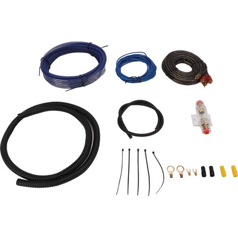 Kit d'installation amplificateur voiture avec câbles audio, gaines et accessoires pour haut-parleurs et subwoofer (1/5)