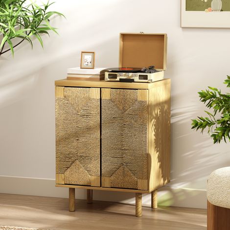 Böhmisches Sideboard mit 2 Türen, handgeflochtenem Seil, verstellbarem Einlegeboden und Push-to-Open-Türen, Eiche, 60 x 40 x 78 cm