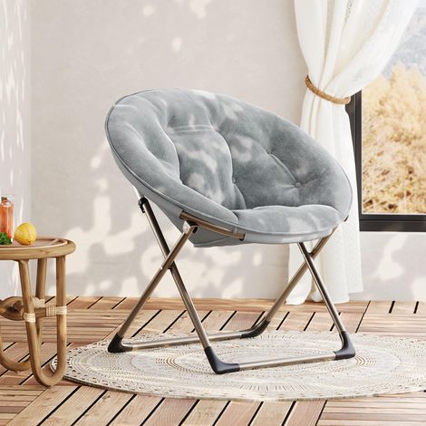 Fauteuil lune surdimensionné en fausse fourrure – Pliable et confortable – Cadre robuste en métal doré – Charge 136 kg – Pour salon et chambre - gris