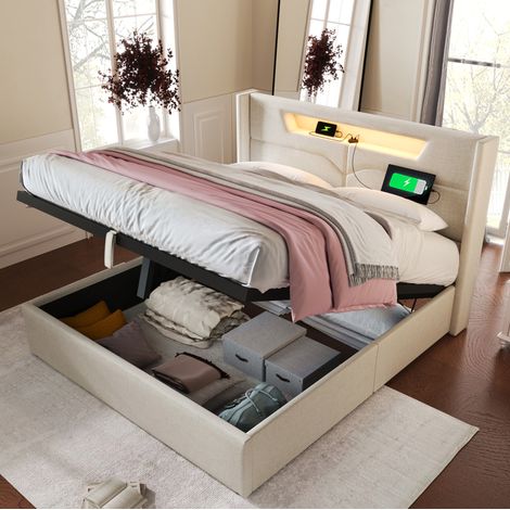 Letto matrimoniale contenitore LED in lino 160x200 OKMYHOME (1/5)
