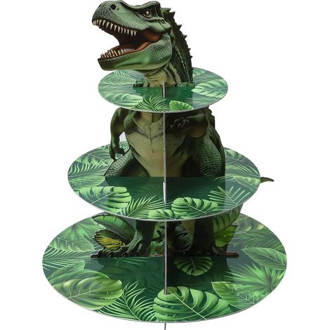 Présentoir à muffins dinosaure à 3 étages, présentoir rond en carton pour cupcakes, présentoir à muffins sur le thème du T-Rex pour les fêtes d'enfants, les baby showers et autres occasions spéciales. (1/5)