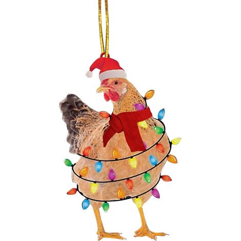 Décoration De Noël En Bois - Ornements En Forme De Poulet Avec Écharpe - Pour Arbre De Noël Fenêtre Porte Extérieur Intérieur - Lot De 1 (1/5)