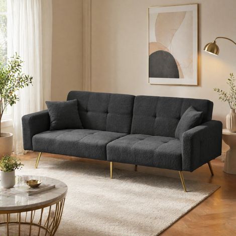 Divano letto 2 posti 175x64x72 cm in tessuto peluche grigio scuro, salvaspazio FloraGrace (1/5)