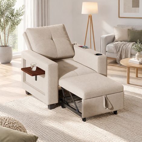 Fauteuil Convertible Lit 3 en 1 Velours beige, Canapé lit 1 place, porte-Gobelet, prise de Charge, table pliante, dossier réglable (1/5)